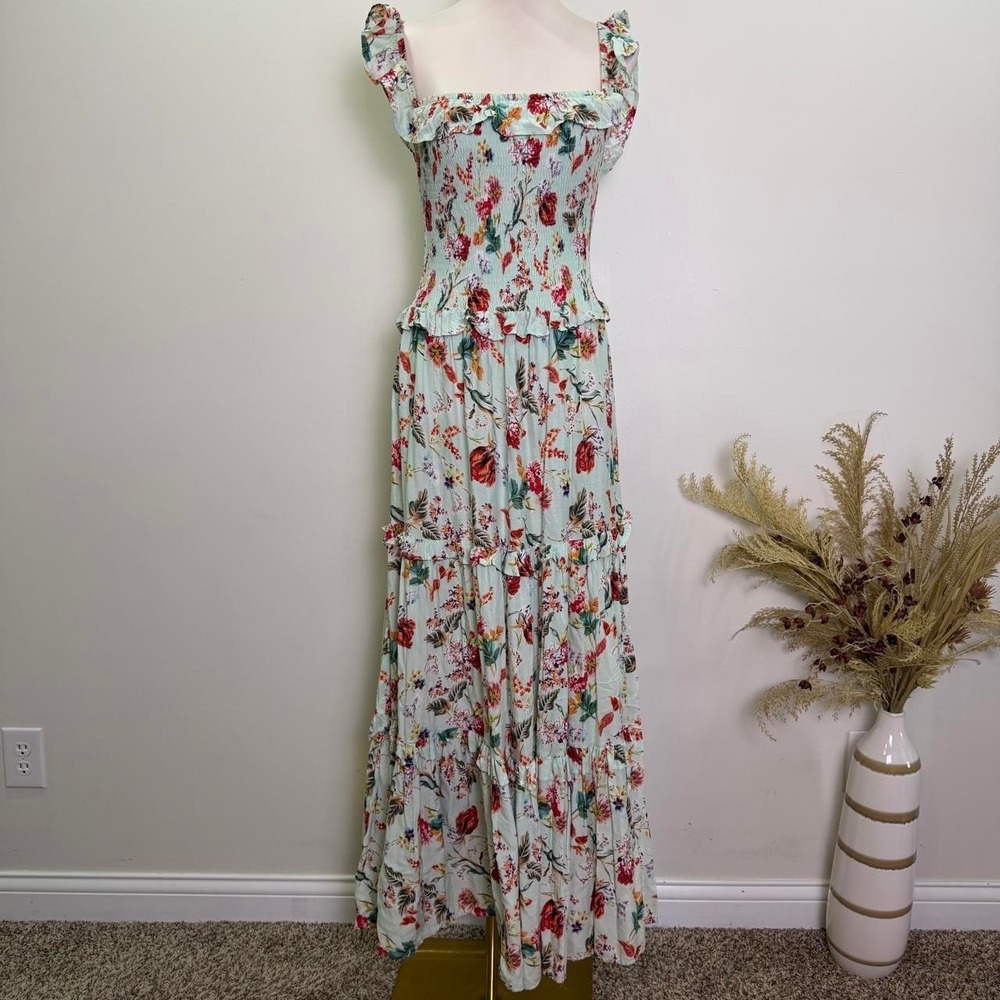 Abel The Label Anthropologie Size M Sage Green Floral Smocked Tiered Maxi Dress